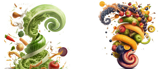 delicious vegetables and fruits tornado on white background, copy space 