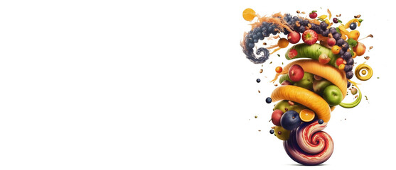 delicious fruit tornado on white background,copy space