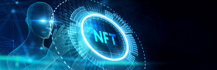 NFT Non-fungible token digital crypto  on virtual screen. 3d illustration