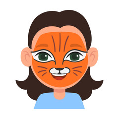 Fototapeta premium Portrait of kid with face African cheetah mask, makeup vector illustration. Children with creative face painting or mask, animals and heroes isolated on white background
