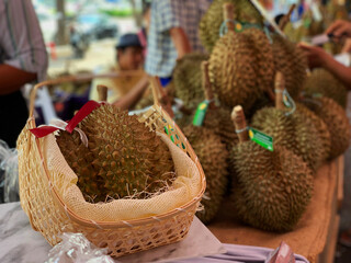Durian in baskets in the market. Durian King of Fruit in thailand.