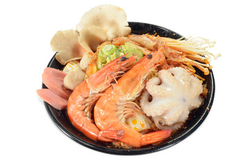 Close-up shot of Korean food for restaurant, pancakes, grilled shrimp with spicy sauce, mixed pieces, seafood udon noodles, shot on white background, photographed Korean food