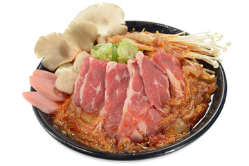 Close-up shot of Korean food for restaurant, pancakes, grilled shrimp with spicy sauce, mixed pieces, seafood udon noodles, shot on white background, photographed Korean food
