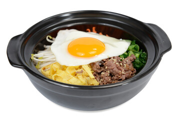 Close-up shot of Korean food for restaurant, pancakes, grilled shrimp with spicy sauce, mixed pieces, seafood udon noodles, shot on white background, photographed Korean food