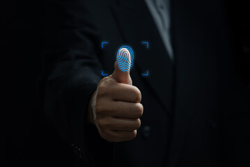 businessman scan fingerprint provides security access with biometrics identification. Business Technology Safety Internet cyber security, personal data protection, network security concept.