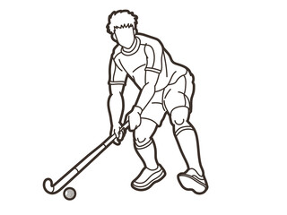 Field Hockey Sport Male Player Action Cartoon Outline Graphic Vector