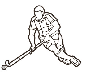 Field Hockey Sport Male Player Action Cartoon Outline Graphic Vector