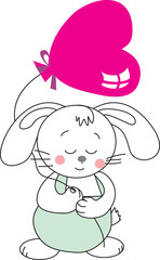 Vector illustration of a cute rabbit with a heart shaped balloon. Fashion collection of prints. Symbol 2023