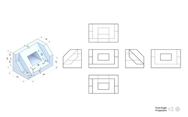 Technical drawing of a 3D model with a perspective and orthogonal views. First angle projection method. Part of a series.