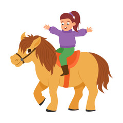 girl riding on horseback. Kid riding horse. Vector illustration of little rider training, feeding or grooming cute brown pony. Cartoon young equestrian