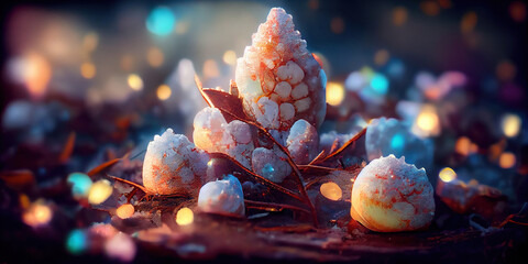 fantasy winter forest, colorful lights, acorns and rosehips, magical christmas background as panorama wallpaper