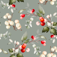 Seamless Christmas pattern with white and red berries in a watercolor style