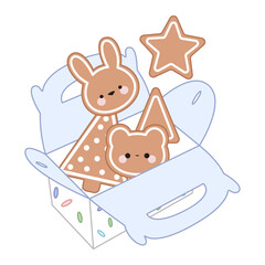 Set of cute cookies in kawaii style of gifts box. Merry Christmas. New year. Rabbit, bear, trees, star, heart.