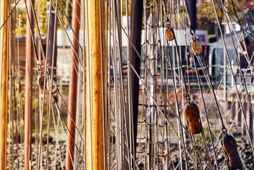 Abstract image of the rigging of an old sailing ship in the port of Hamburg, Germany