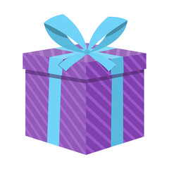 lilac striped with blue ribbon gift box on white background cartoon vector illustration. Stack of wraps with ribbons for Christmas, New Year or birthday present