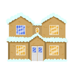 Facade of house in winter vector illustration. Village or town cottage or cabin covered with snow, building with chimney isolated on white background