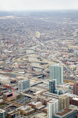 Highway ramps and intersections in city of Chicago aerial view from tallest building in North...