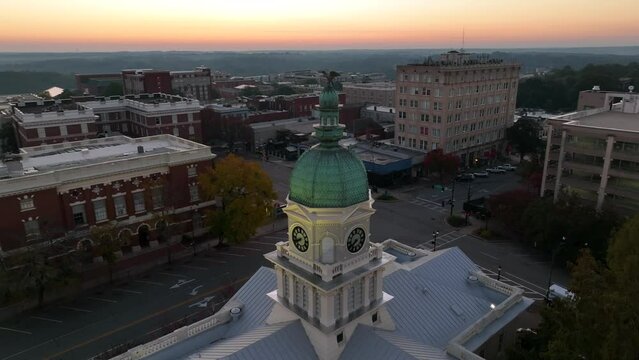City Hall dome in Athens Georgia USA. Aerial orbit at sunrise.