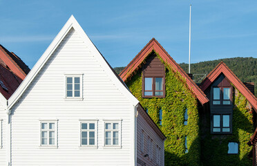 Beautifull Norwegian architecture in small fishing town called Bergen. Beautifull green facade on wooden houses. Fishing village in Scandinavia.