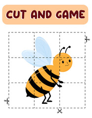 Cut and game bee. Educational children game, printable worksheet.Puzzles with insects