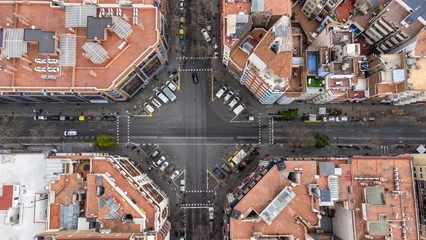 Fotobehang drone view of the crossroads of the eixample district in barcelona © AdmSlw_