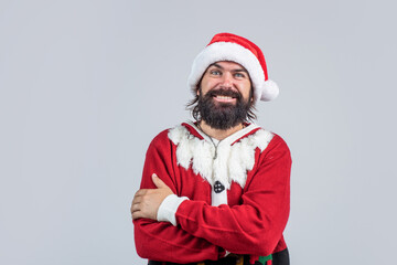 happy bearded man in santa claus costume celebrate new year winter holiday, christmas fun