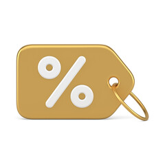 Premium metallic golden shopping tag rope percentage business retail 3d icon realistic