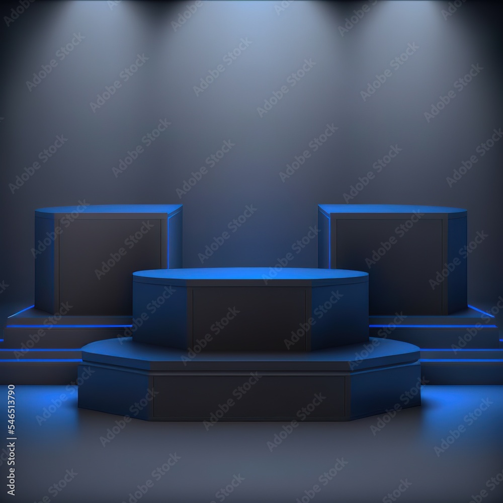 Poster Blue and dark digital scene with 3d realistic empty dark podiums. Digital stand for gadgets, scene. Dark template for presentation modern exhibition or gallery. 3d illustration