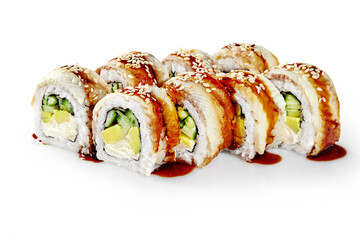 Philadelphia sushi rolls with soft cream cheese, cucumbers and avocado topped with eel fillet, savory tangy unagi sauce and sesame, isolated on white background. Traditional Japanese snack