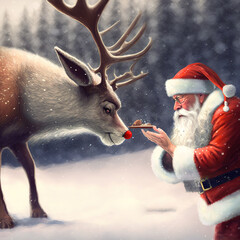 Santa Claus and Rudolph the red nosed reindeer - obrazy, fototapety, plakaty