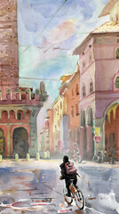 A girl on a bicycle riding down a street in Bologna. Vertical web banner.