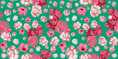Colourful Seamless Pattern with tropic flowers and leaves. Hi quality fashion design. Fresh and unique botanical background - 546515351