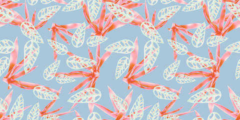 Colourful Seamless Pattern with tropic flowers and leaves. Hi quality fashion design. Fresh and unique botanical background - 546515549