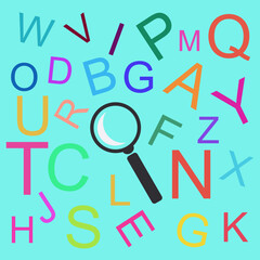Vector magnifying glass icon. The concept of thinking development, grammar. Magnifier placed on English letters