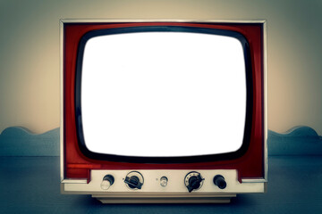 A retro vintage TV from the 1970s, showing a convex blank screen (no pixels PNG). Front shot.
