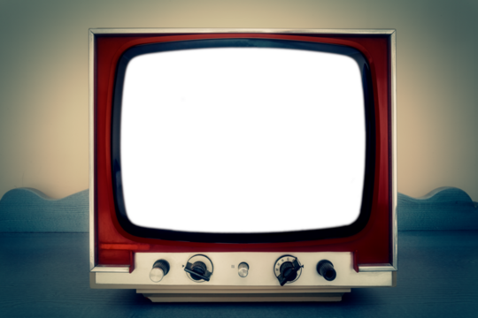 A retro vintage TV from the 1970s, showing a convex blank screen (no pixels PNG). Front shot.
