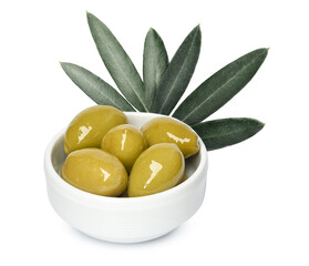 Close up of olives with olive leaves isolated on white