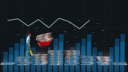 miniature man moving coins on a cart over a pile of coins. Business concept with piles of coins and miniature people and graphs. - Powered by Adobe