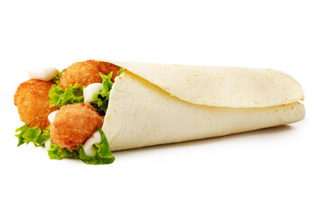 Tortilla wrap with fried chicken meat and vegetables isolated on white background