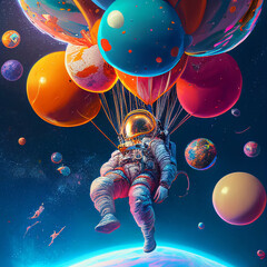 astronaut flying in balloons - obrazy, fototapety, plakaty