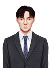 黒いスーツのリアルな男性の正面上半身イラスト　ラスター素材