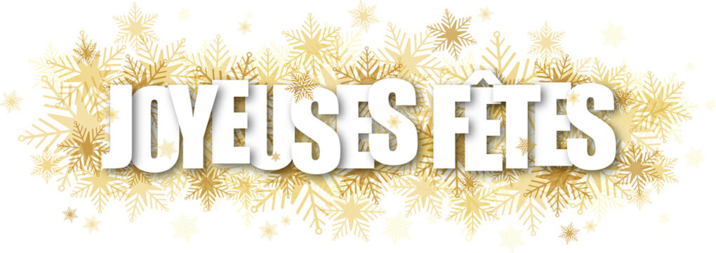 Banni&egrave;re typographique blanche JOYEUSES FETES avec flocon de neige sur fond transparent