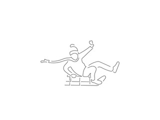 Fototapeta na wymiar Kid riding a sleigh in line art drawing style. Composition of a winter scene. Black linear sketch isolated on white background. Vector illustration design.