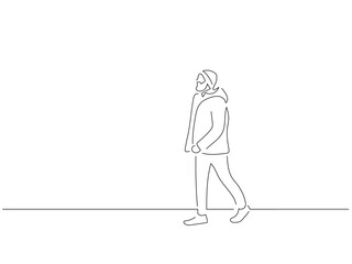 Man wearing warm clothes in line art drawing style. Composition of a winter scene. Black linear sketch isolated on white background. Vector illustration design.