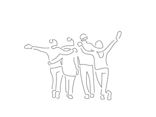 People wearing warm clothes in line art drawing style. Composition of a winter scene. Black linear sketch isolated on white background. Vector illustration design.