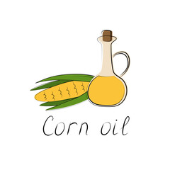 Corn oil illustration and hand-written inscription. Vector logo