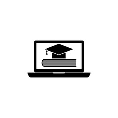 Graduation cap on screen laptop icon isolated on white background. Online learning or e-learning concept.