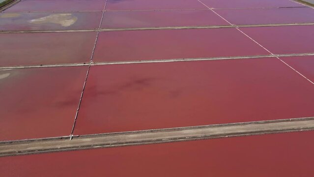Aerial reveal of pink saltworks near the ocean on a sunny day