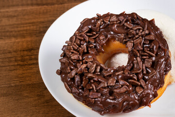 Sweet Donuts with Chocolate Icing. Close-up photography of confectionery sweets.