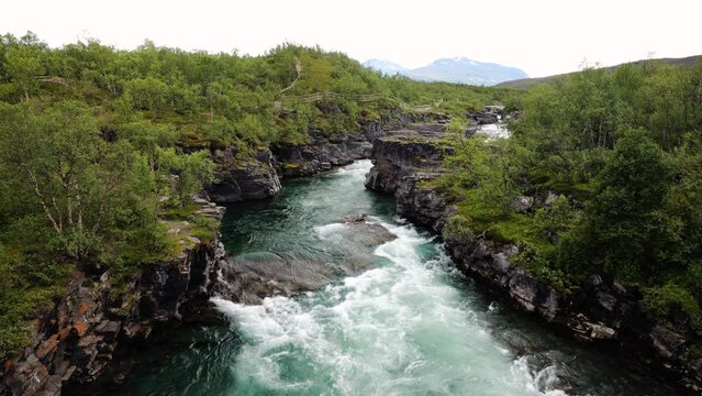 Torne river rapids through rocks surrounded by trees, Aurora Camp Kurravaara, Sweden